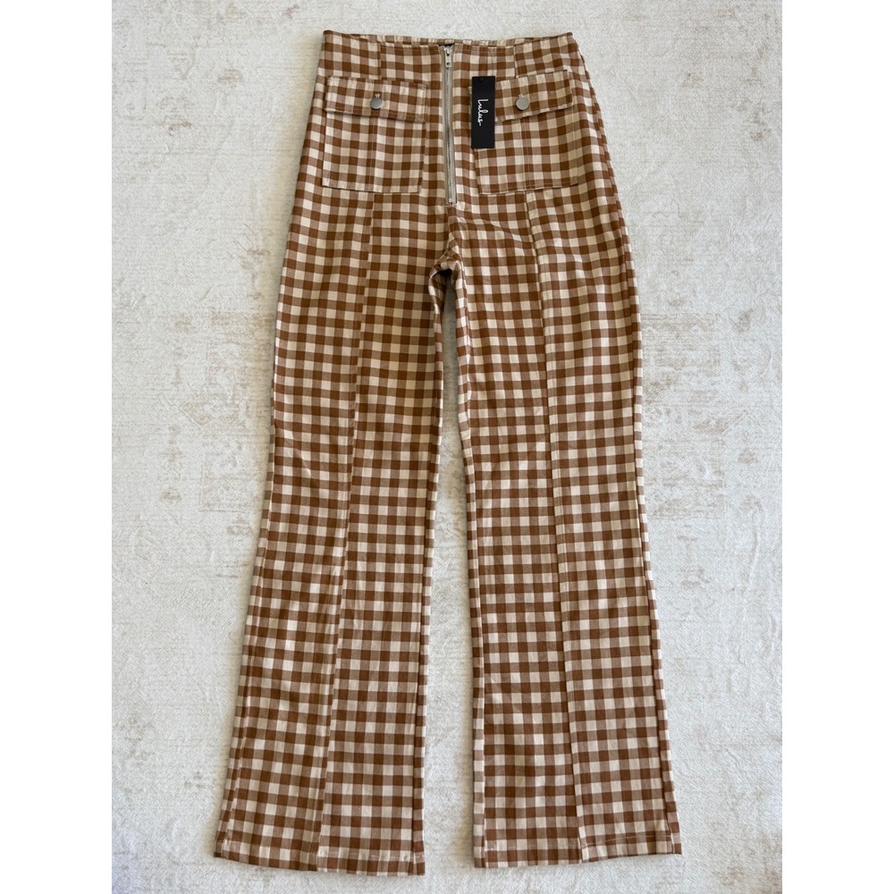 Lulus Brown Gingham High Waisted Pants Cotton Exposed Zipper Front Pockets Small